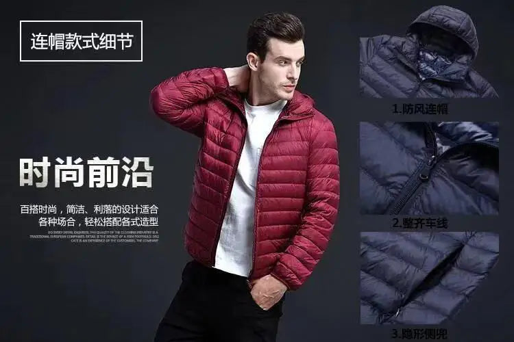 Down Cotton Coat Man 2025 Light Feathered Cotton Jacket Winter Slim Hooded Stand-Up Collar Solid Color Warm Clothing