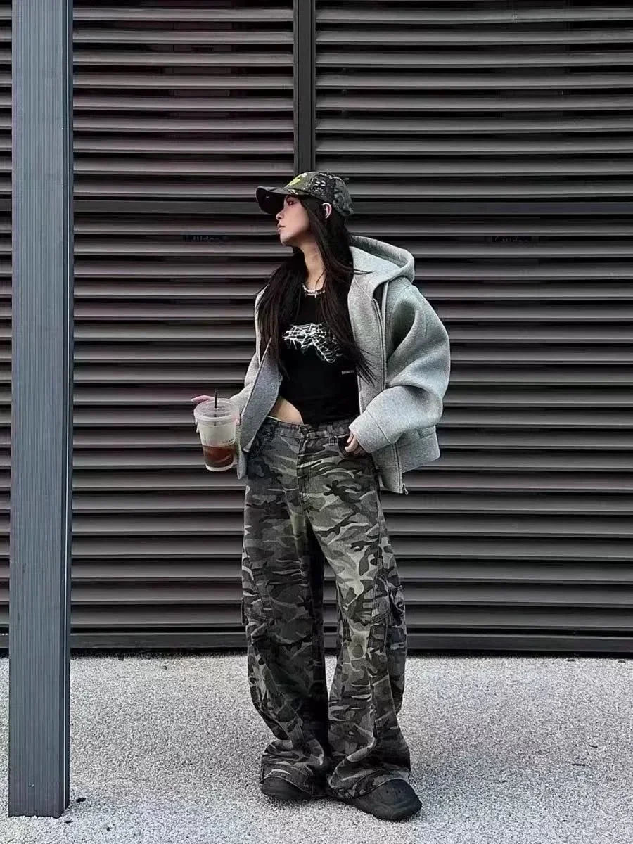 High Waist  Vintage Mutil Pockets Camouflage Jeans Women Hip Pop 2000s Baggy Y2K Denim Pants American Retro Wide Leg Trousers