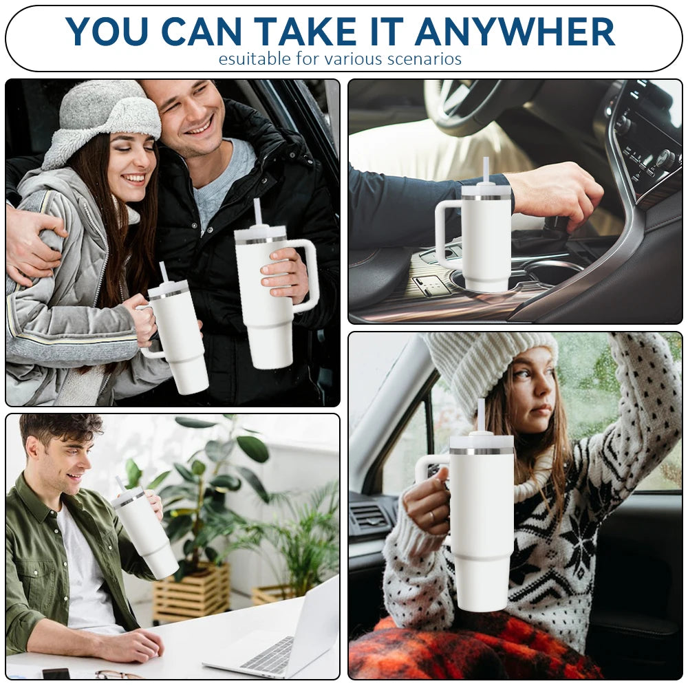 Floral Seamless Patterns Vacuum Flasks 40oz Stainless Steel Insulated Tumbler With Handle & Straw Leakproof Travel Mug