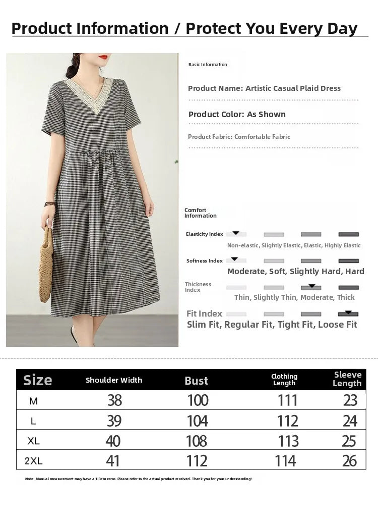 Retro Fashion Casual Plaid Dress Women Summer New V-neck Lace Splicing Loose Slimming Skirt over Knee Cotton Polyester Blend
