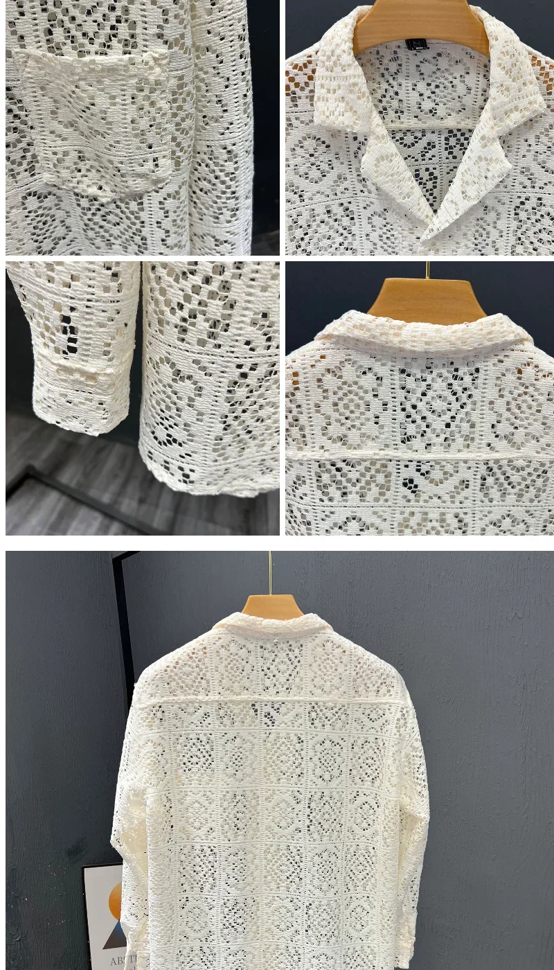 2025 Men New Summer Long-sleeved Jacket Hollow Trendy Top Thin Cool Breathable Shirt
