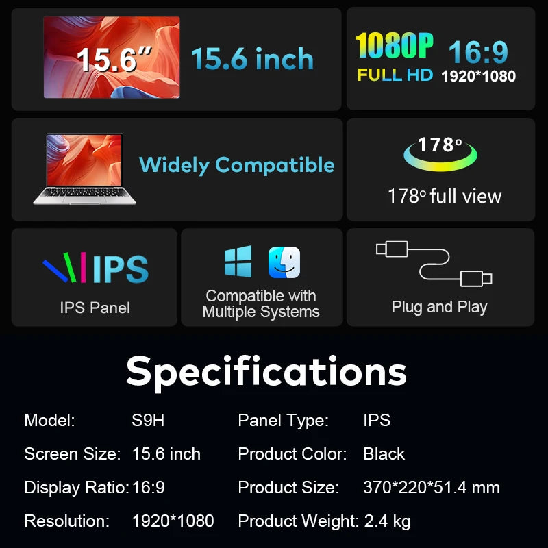 USB C Plug and Play Double LCD Screen Laptop Portable Monitor With FHD 1080P Display for 15.6 to 17.3 Inch Laptops