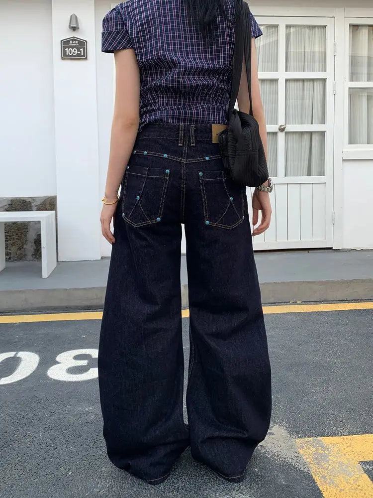 American Retro Blue Jeans Women Y2k Vintage Oversized High Street Wide Cargo Denim Trousers Casual Baggy Straight Denim Pants