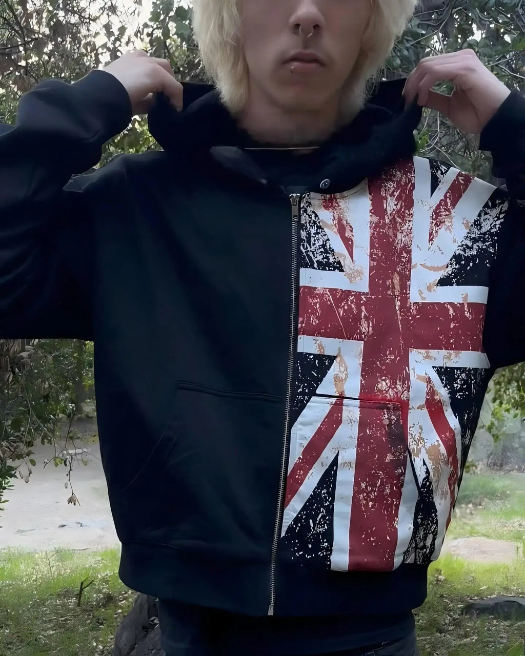 UK Banner Print Black Loose Hoodies Y2k Oversized Retro Zip Up Hoodie Fashion Streetwear  Sweatshirt Hip Hop Men Clothing