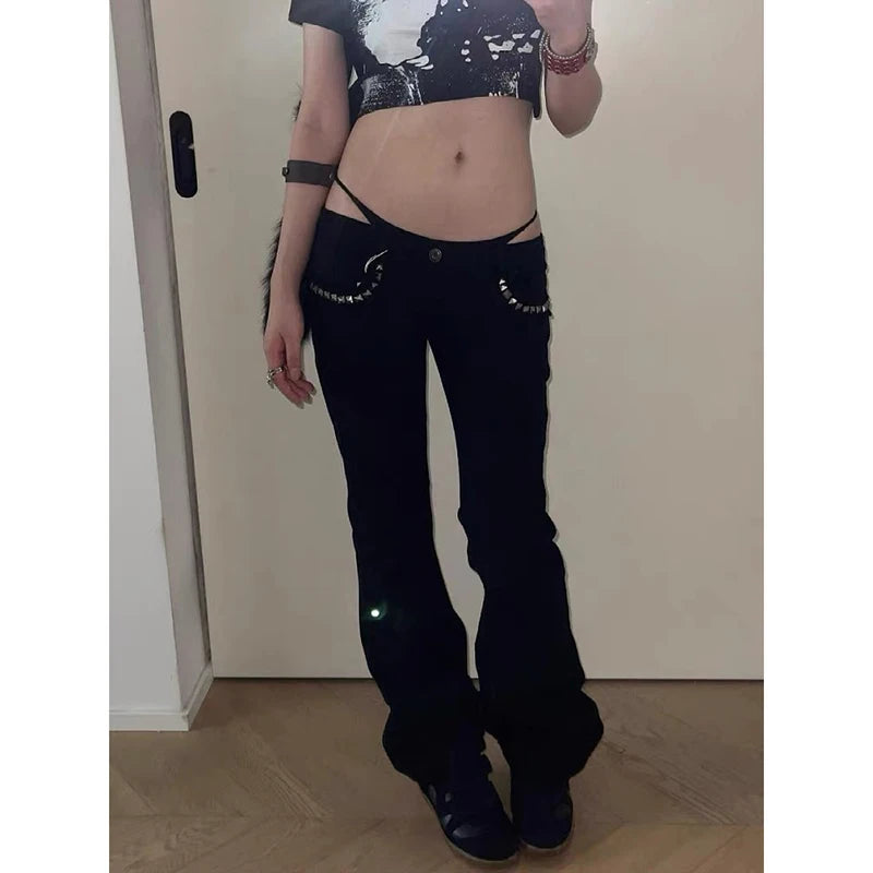 ZHIZOU Women Low Rise Jeans Black Flared Denim Pants Gyaru American Retro Korean Cyber Punk Trumpet Jeans Y2k Skinny Bell Bottom