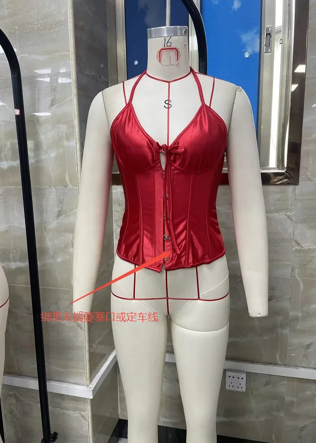 Women Y2k Lace Up Backless Halter V Neck Corset Tops Tied Front Button-up Sleeveless Cami Shirt Shapewear Fitted Vest