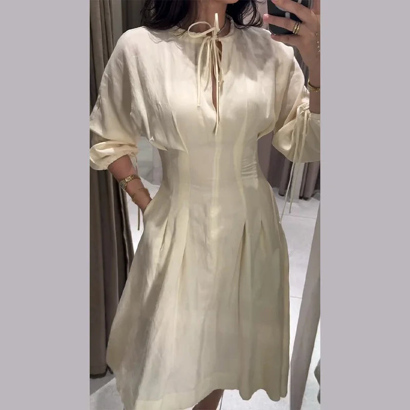 Casual Cotton Midi Dress Women O Neck Lace Up Lantern Sleeves Slim Waist A Line Robe Female 2026 Summer New Chic Solid Dresses