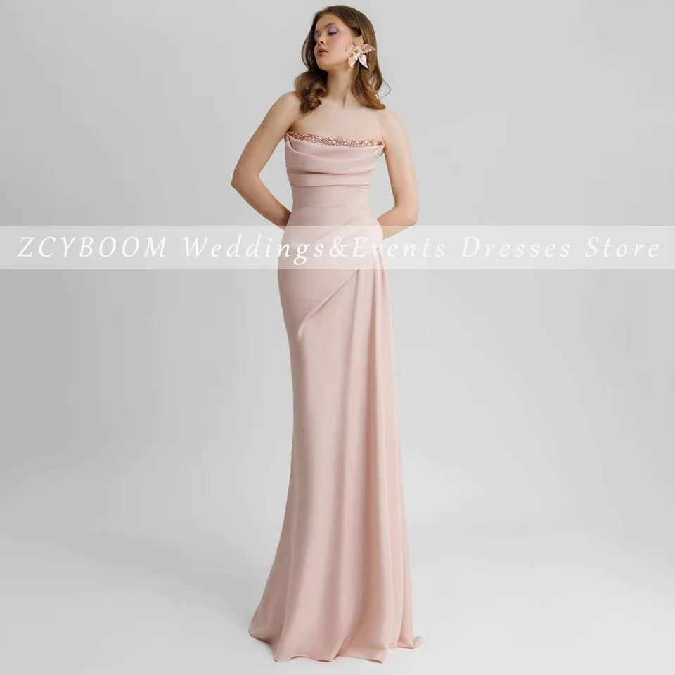 Elegant Pink Backless Strapless Crystal Sleeveless Evening Dress 2026 Mermaid Floor Length Sweep Train Stain Zipper Prom Dress