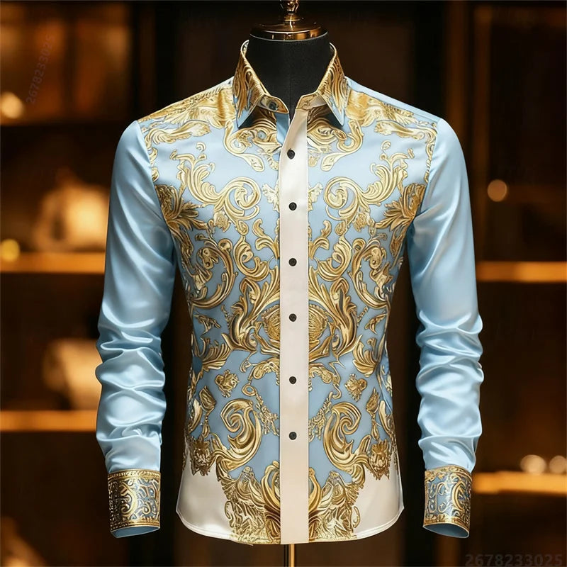 Luxury 3D Printed Long-Sleeve Men's Shirt, Baroque Gold Pattern Slim Fit Dress Shirt, Business Banquet Men's Shirt, Sizes XS-6XL