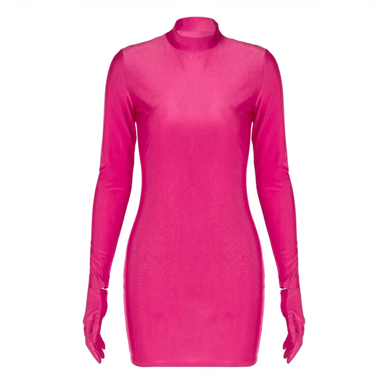 Solid Long Sleeve Mini Dress with Gloves Sexy Streetwear Party Outfit Half Turtleneck Bodycon Y2K Style Wholesale