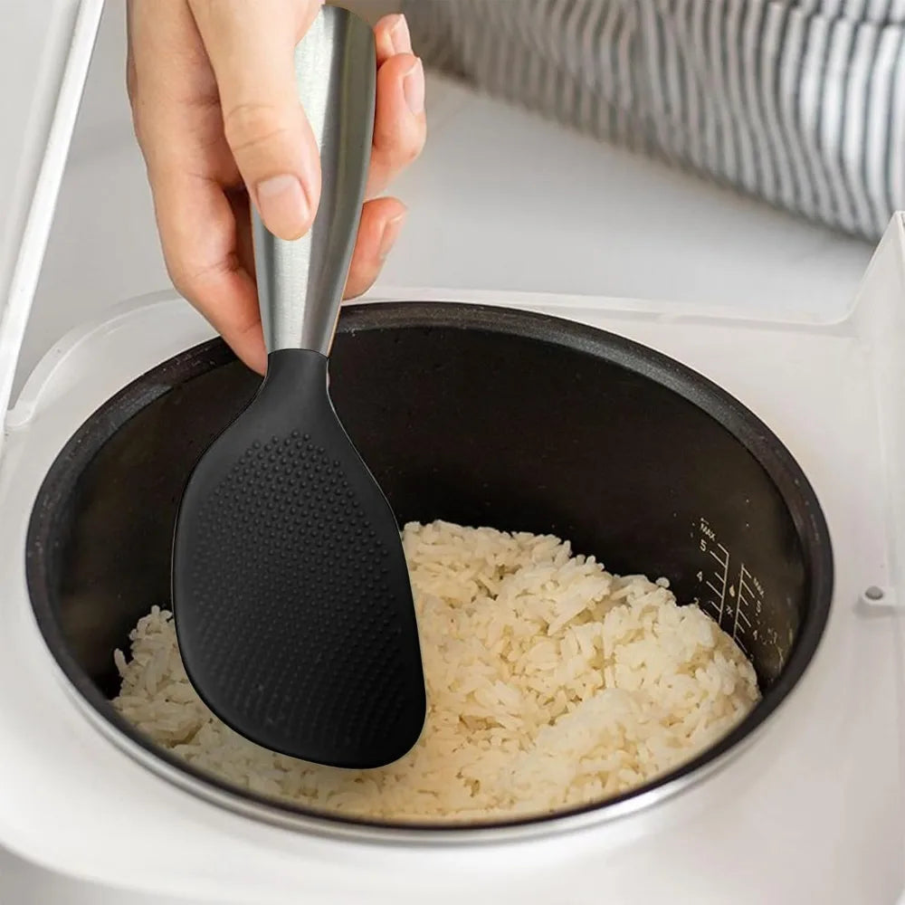 Stainless Steel Handle Silicone Spoon Food Grade Non Stick Non Slip Rice Spoon High Temperature Resistant Kitchen Utensil