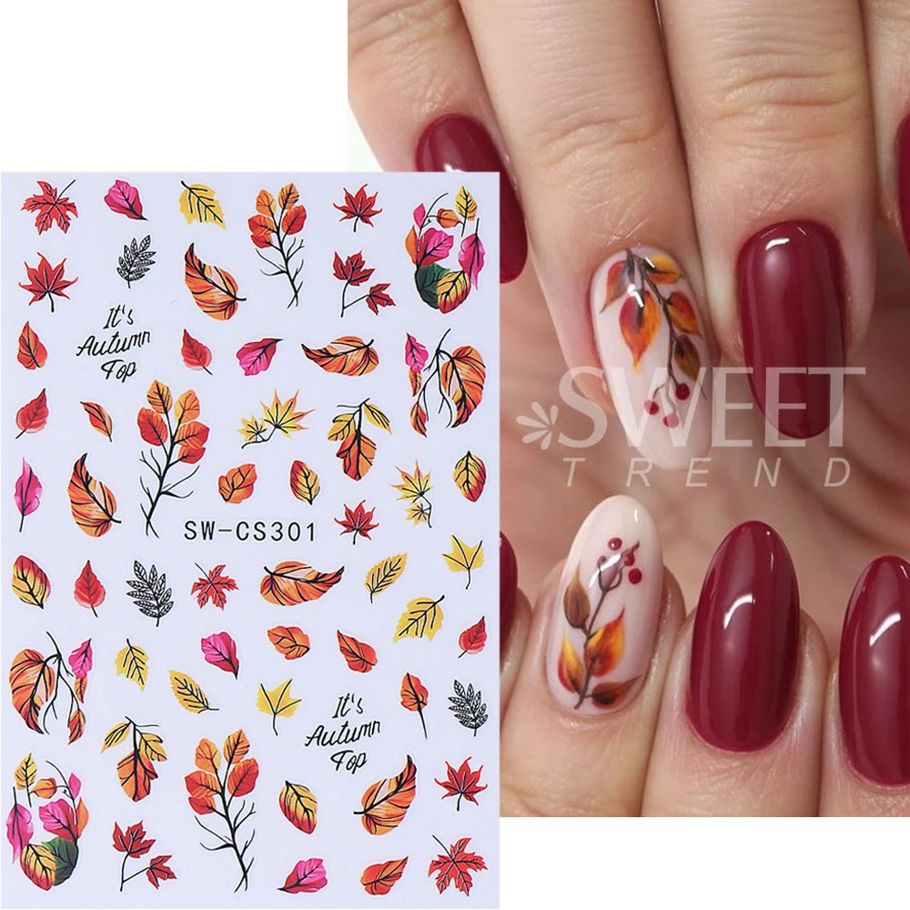 4pcs Autumn Winter Nail Art Stickers 3D Brown Maple Leaf Coffee Pattern Nail Decal Adhesive Slider Manicure Decorations Supplies