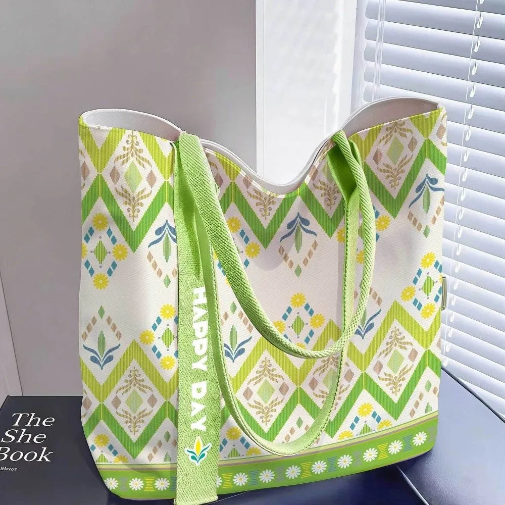 Portable Floral Canvas Tote Bag Large Capacity Reusable Commute Handbag Lightweight Shopping Bag For Work