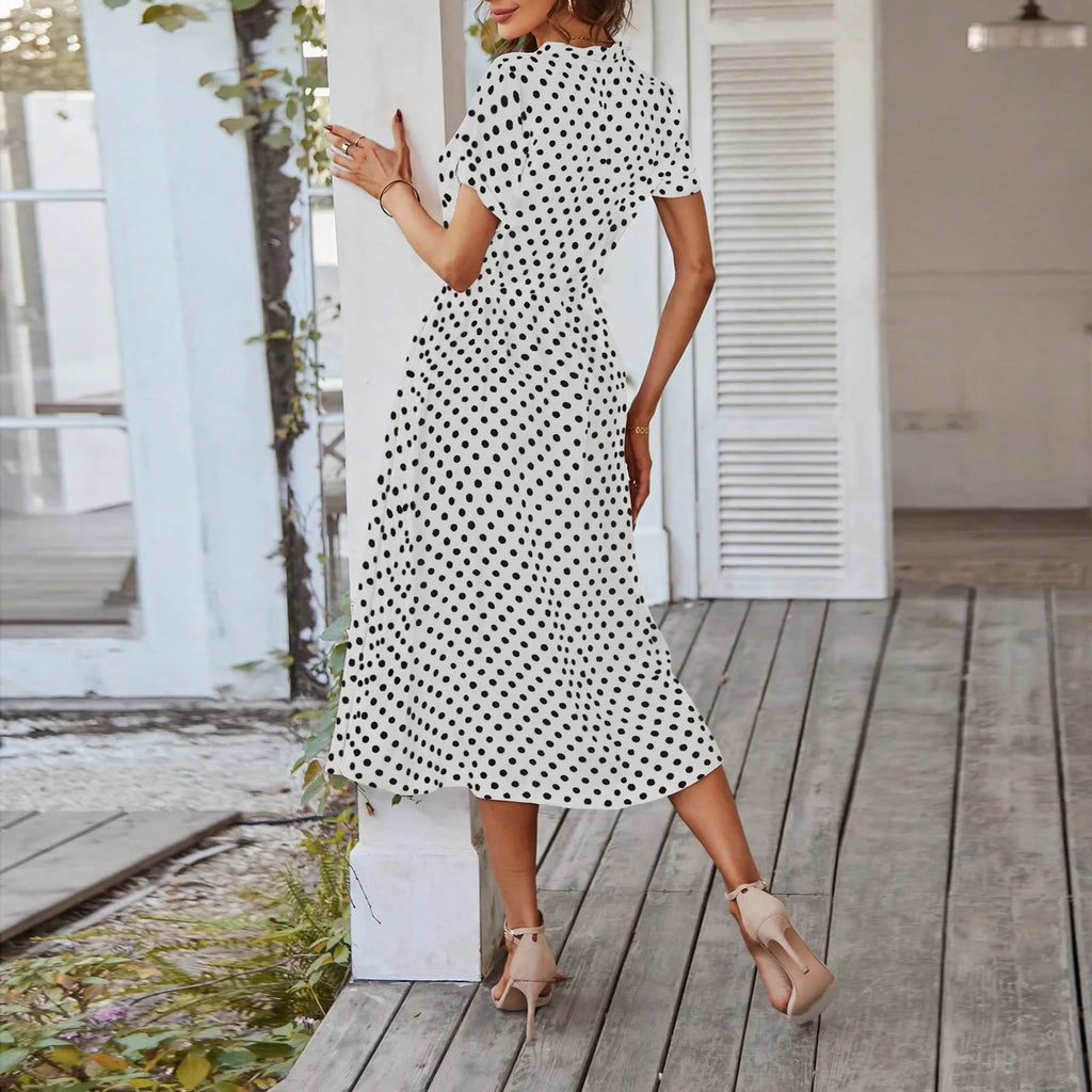 Elegant retro polka dot dress Women's Summer Midi Dress V Neck Single Breasted Short Sleeve Dresses Fashion Print Dress