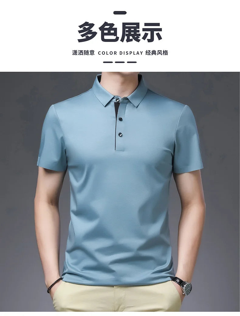 Bamboo Fiber Viscose And Cotton Blend Polo Shirt Men Short Sleeve Collar New Seamless T-shirt Summer Thin Lightweight Poloshirt