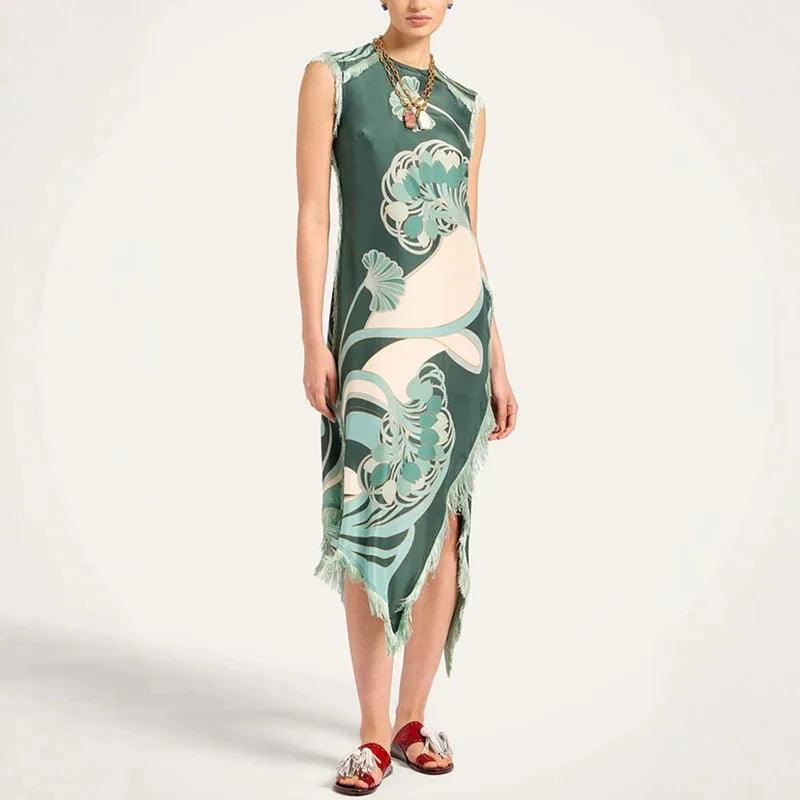 Printed Women's Dress Half Sleeve Round Neck Long Dress Tassel Hem Dress Daily Fashion Outfit Suitable for Date Party 2026