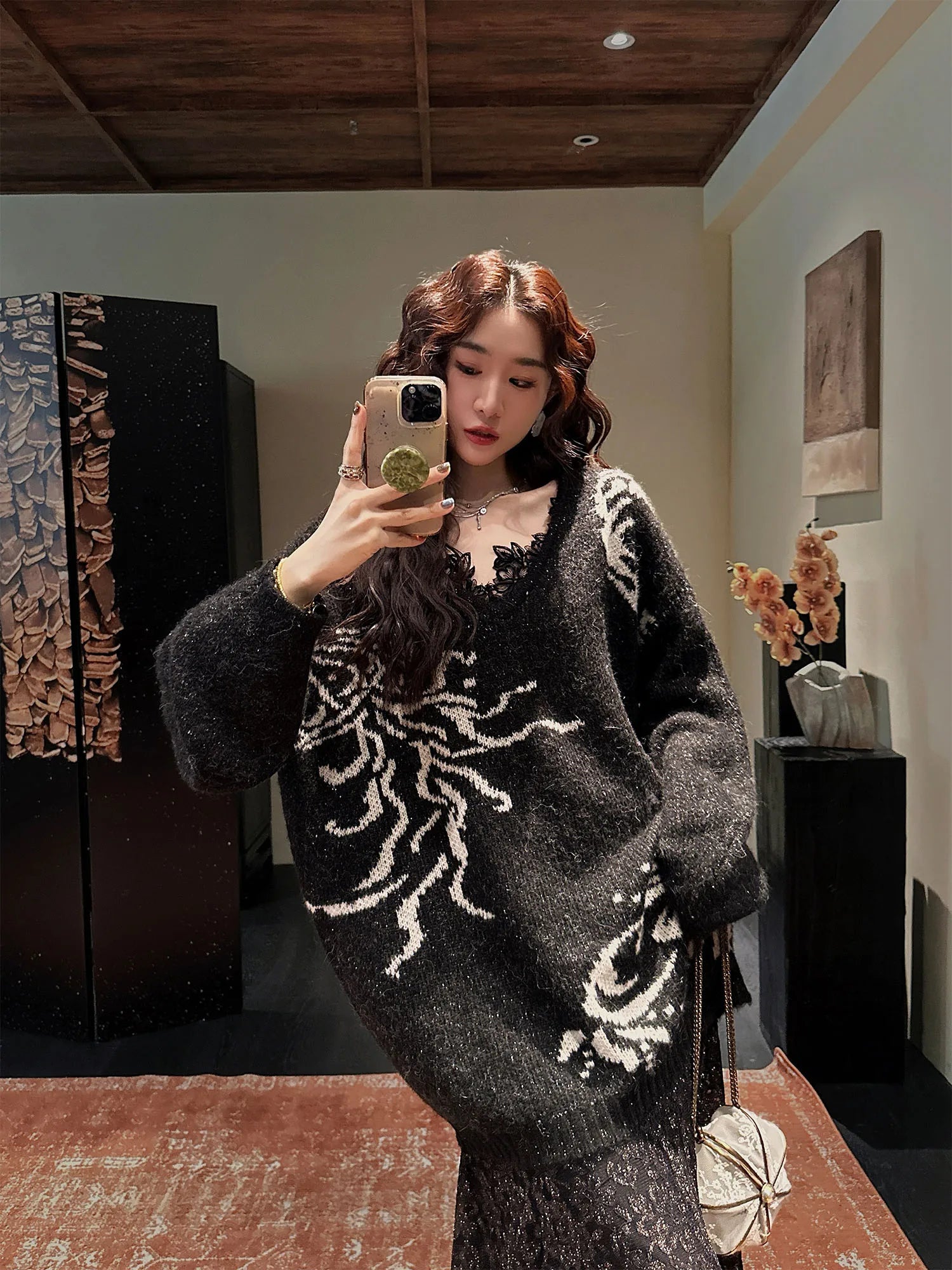 Sanji Bla Flower New Chinese Sle Gold Tead Alpaca Yarn V-ne Sweater Women's Winter Top Warmth Feat Long Sve Crew Ne