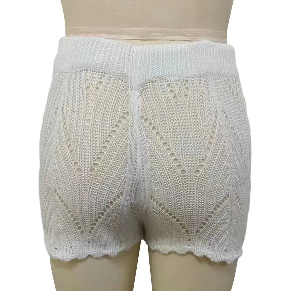 Women Beach Shorts Hollow Out Knitted Lace Drawstring Elastic Waist Soft Breathable Loose High Waist Summer Bikini Shorts