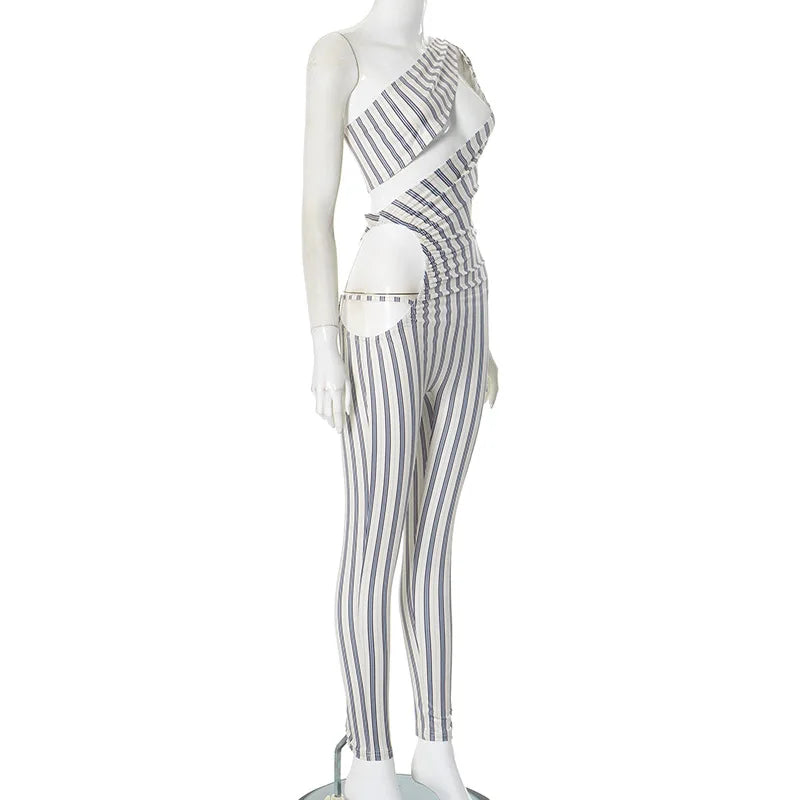 Fashion Women's Sexy Hollow Jumpsuit 2025 Spring Ruched Irregular Hipster Club Stripes Print Full Sleeve Midnight Party Overalls