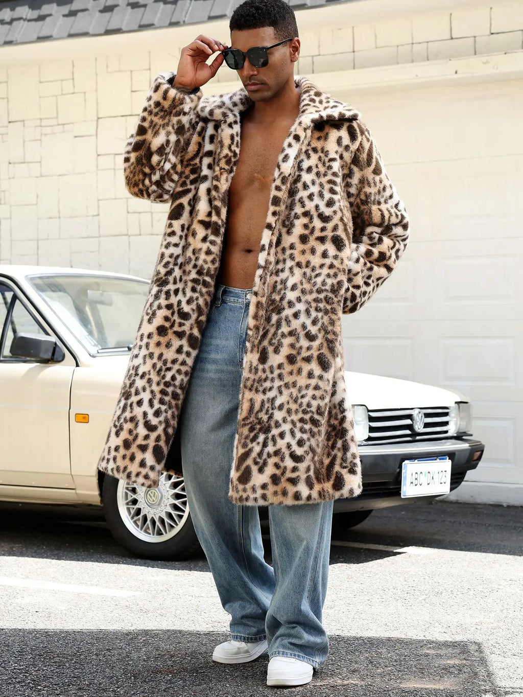 Men Faux Fur Coats Leopard Jackets Color Blocked Turn Down Collar Long Sleeve Single Breasted Straight Casual 2025 Autumn Winter