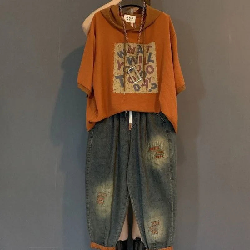 Vintage Plus Size Jeans Set Women's Two-Piece Outfit Casual Suit Denim Pants  Ladies Hooded T-Shirt Printed Jeans Sets