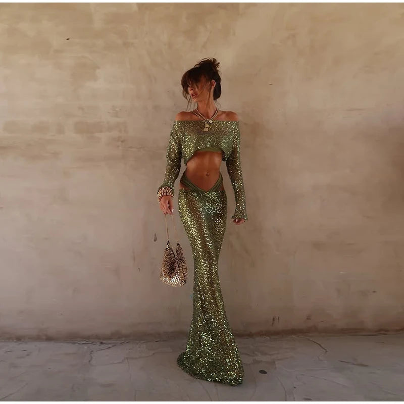 Sexy Sequined Bikini Pants Set Women Sleeveless Backless Halter Cropped Top Wide Leg Pant 2026 Summer Beach Holiday Party Suit