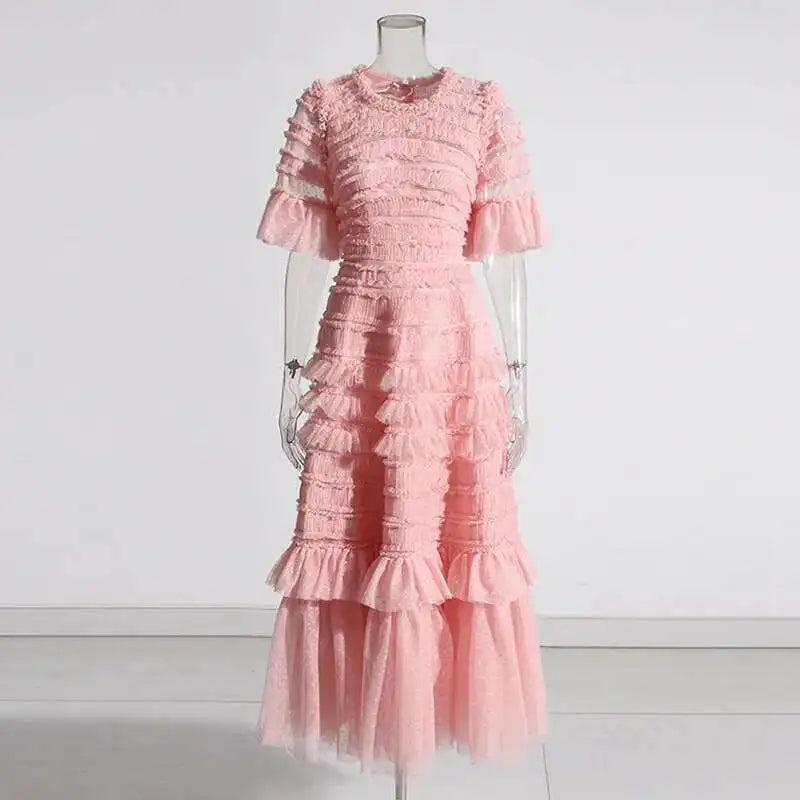 Eshin Elegant Midi Dress Short Sleeve Summer Spring New Fashion Design Women Runway Mesh Ruffles V-Neck Party High Street TH6731