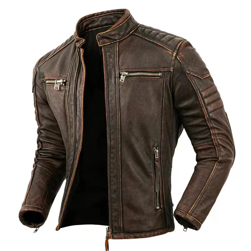 2023 New Motorcycle Causal Vintage Leather Coat Men Autumn Outfit Fashion Biker Pocket Design Top Layer Cow Leather Jacket