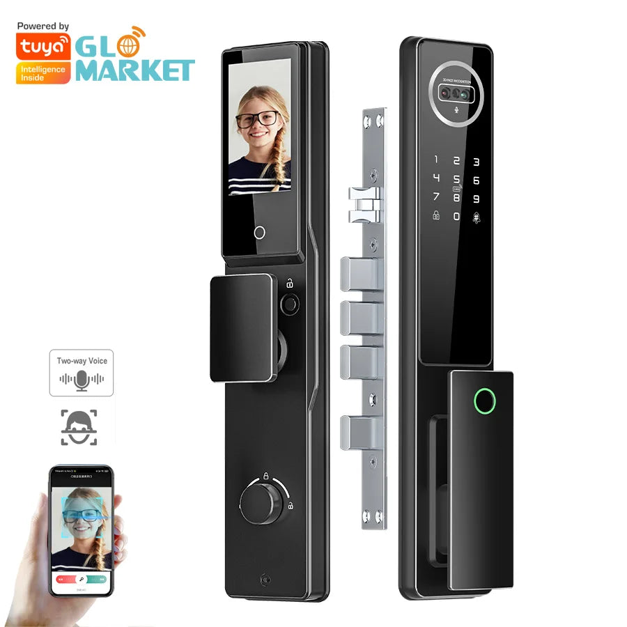 Glomarket Tuya Wifi App Unlock Digital Door Lock 3D Face Fingerprint Recognition Smart Video Intercom Aluminum Door Cloud