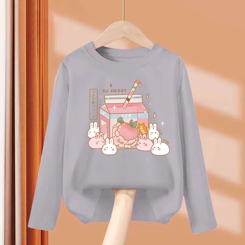 Autumn Sweet Cartoon T-shirt for Baby Girls Long Sleeve Lovely Tops 3-14T Girls Spring Clothing