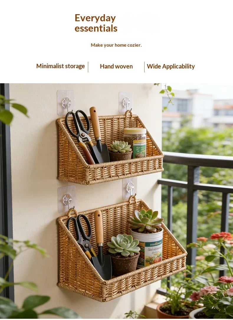 Woven Imitation Rattan Wall Mounted Storage Basket Slanted Shelf Organizer for Kitchen Living Room Bathroom Bedroom Balcony