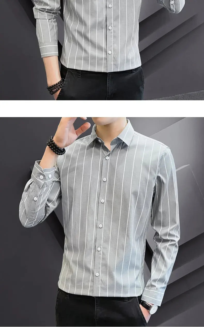 Stylish Men's Striped Shirt Printed Casual Business Dress Shirts Long Sleeve All-Match Slim Fit Fashion Korean Streetwear Shirts