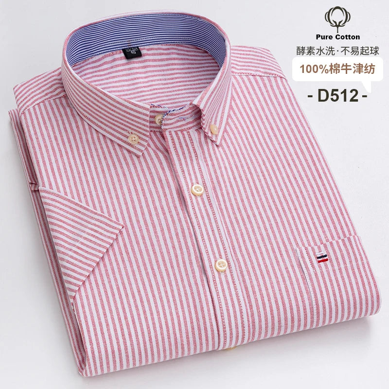 100%Pure Cotton Oxford Men's Shirts Short Sleeve Plaid Soft Regular Fit Formal Dress Shirt Social Blouse Male Clothes 6XL 7XL