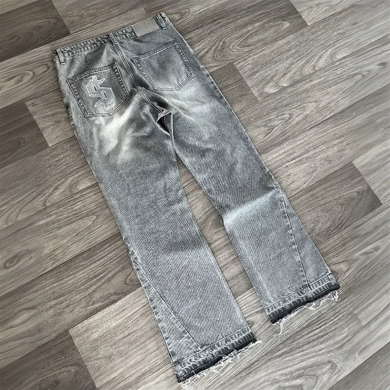 Vintage Denim Gold Wings Embroidered Baggy Jeans Women Streetwear Washed Light Blue Spicy Girl Micro Bellbottom Wide Leg Pants