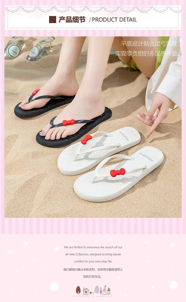 Sanrio Hello Kitty Women'S Flip-Flops, Summer Cartoon Flat Non-Slip Outdoor Beach Slippers, Student Casual Comfortable Slippers