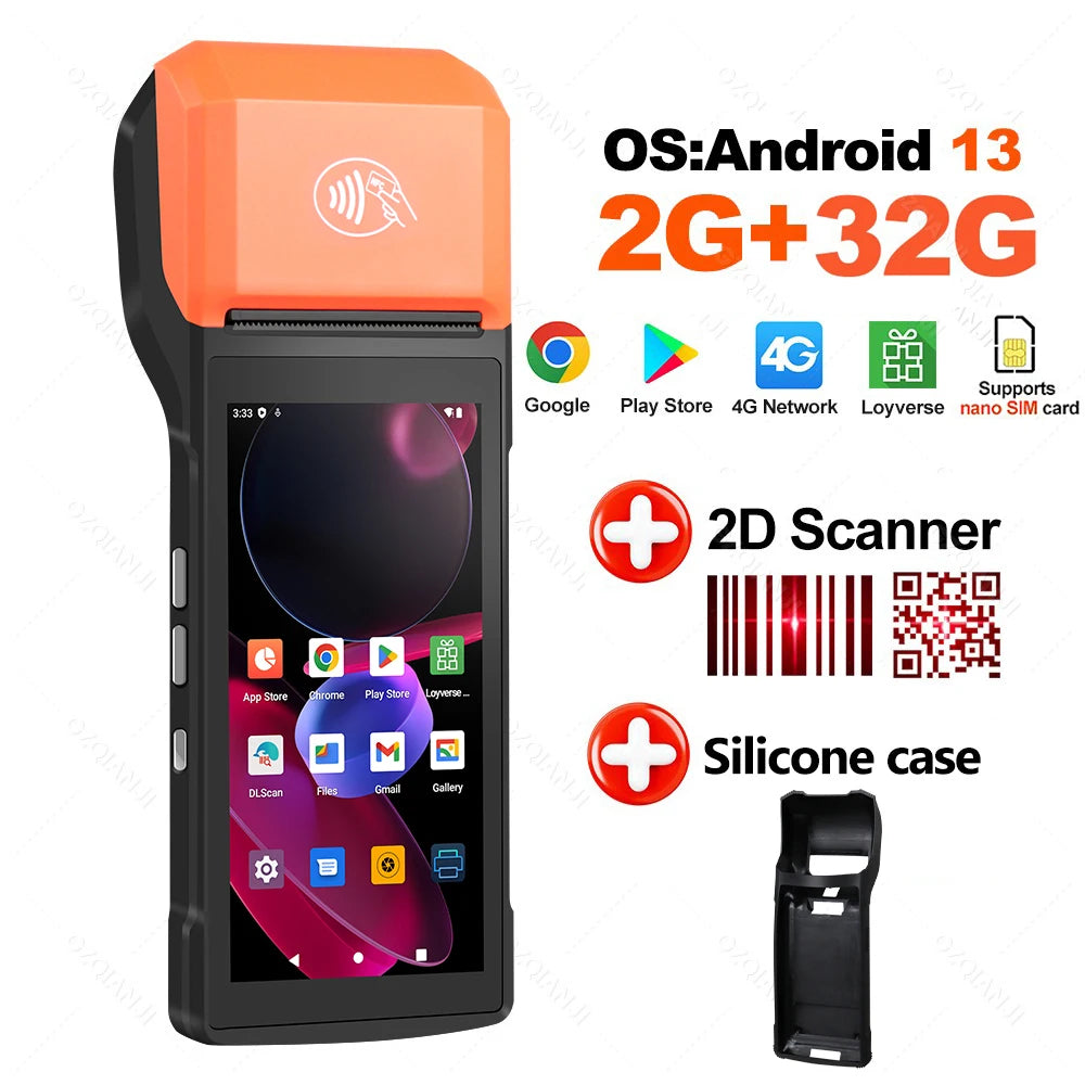 4G Android 13 Handheld Terminal POS Printer 58mm Thermal Printing, 1D/2D Barcode Scanner for Small Business & Protective Case
