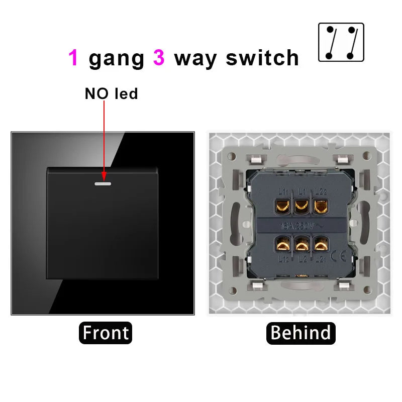 NYWP Luxury Crystal Tempered Glass Panel 1 Gang 2 Way Light Switch On / Off Wall Switch With LED Indicator 16A AC 250V