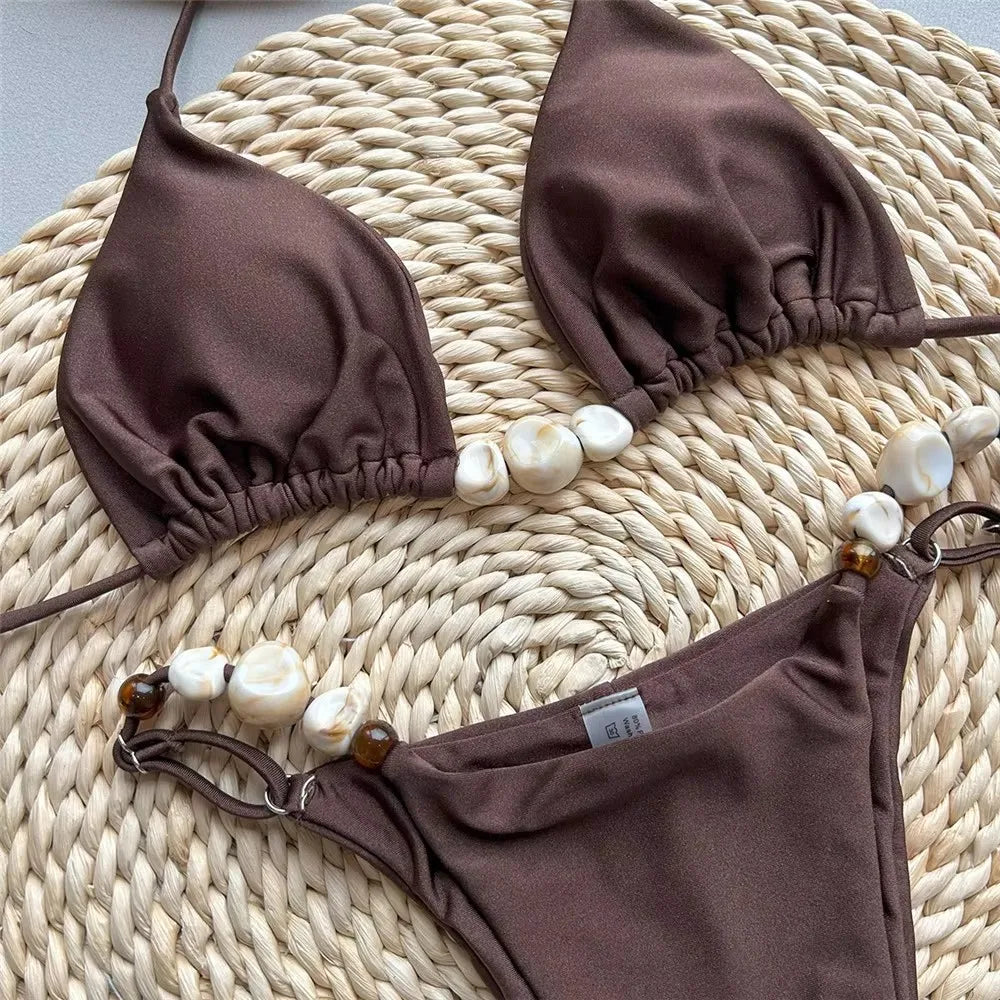 Solid Green Swimwears Sexy Halter Triangle Bead String Bikini Mini Micro Thong Swimsuit Woman 2026 Summer Brazilian Bikinis Sets