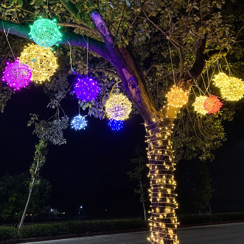 Christmas Festoon Rattan Ball LED Light Ramadan Outdoor Hanging Lamp Fairy String Light for Holiday Wedding Party Decoration