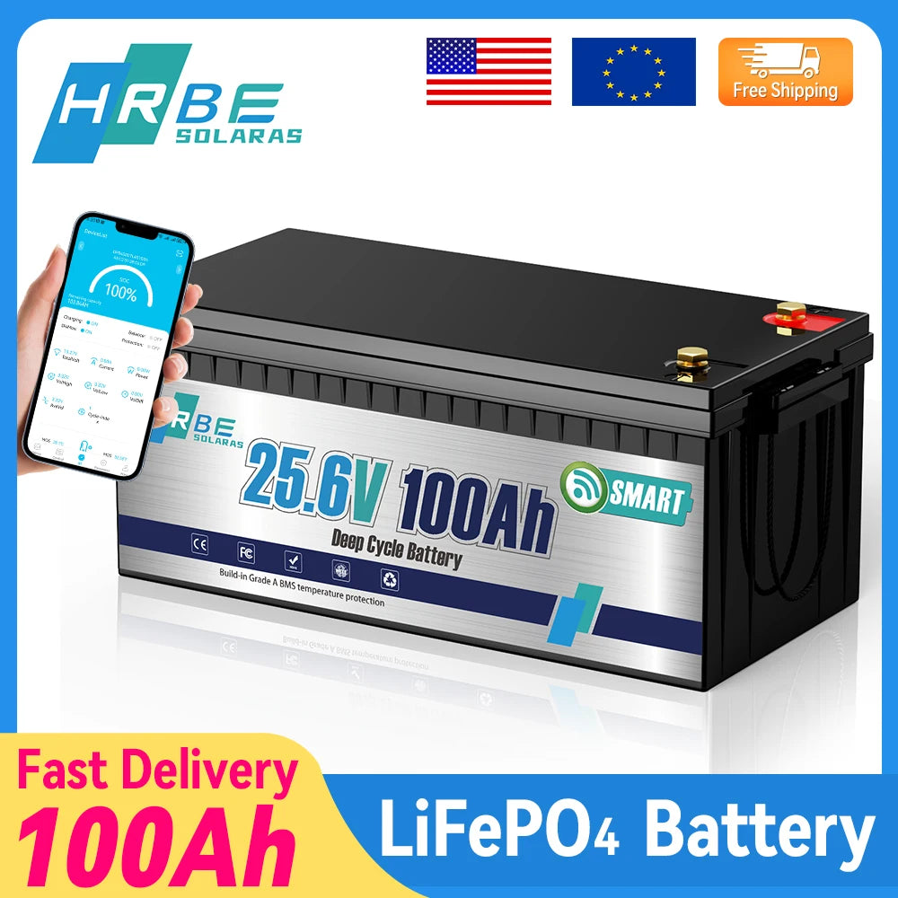 HRBE 24V 100Ah LiFePO4 Battery Bluetooth With BMS 8000+Deep Cycles For Camper RV Home Energy Solar Trolling Motor 24V Lithium Battery