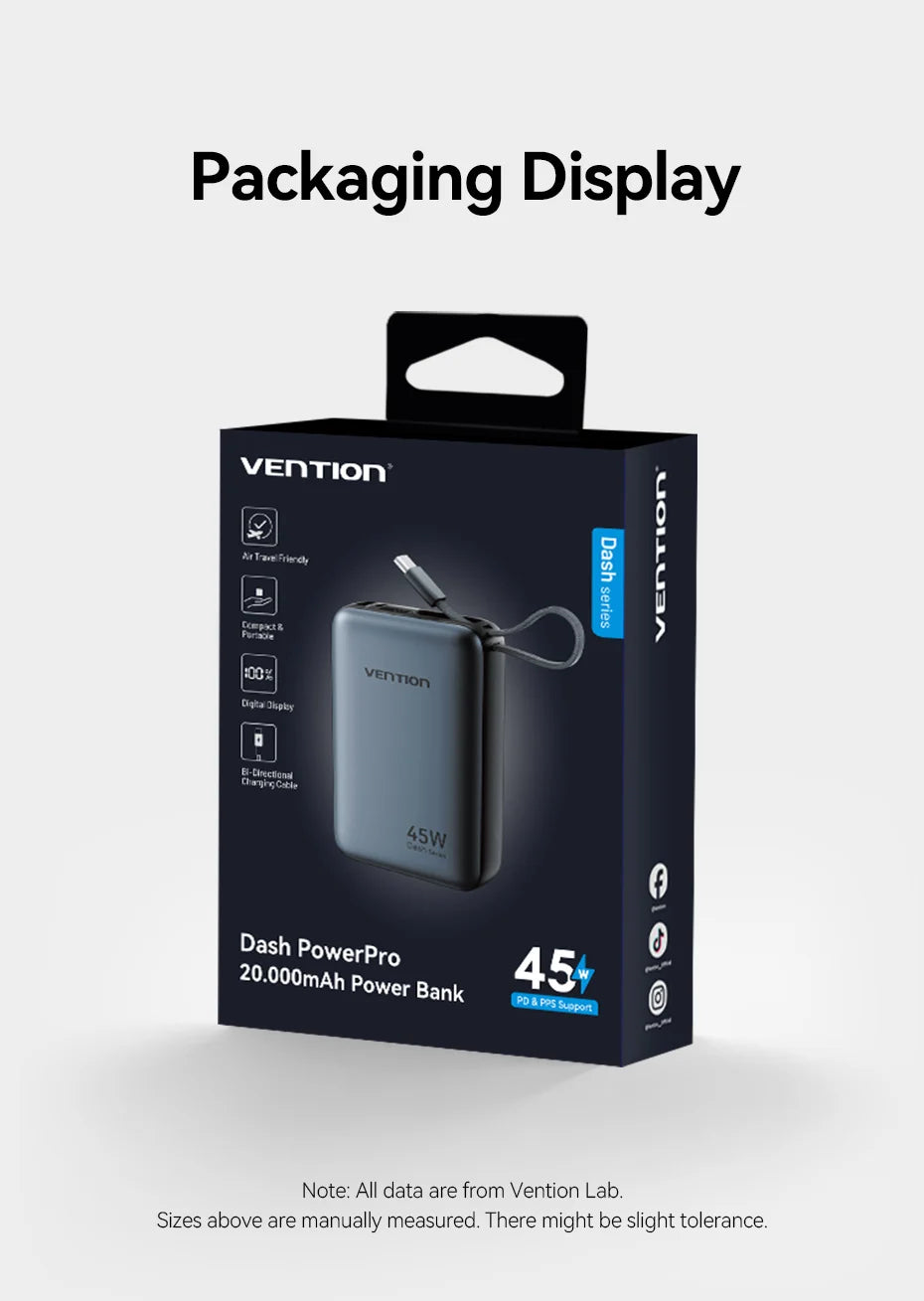 Vention CCC Certification Powerbank 45W 20000mAh Power Bank Type C PD Fast Charging Portable Charger Battery for Phone PC