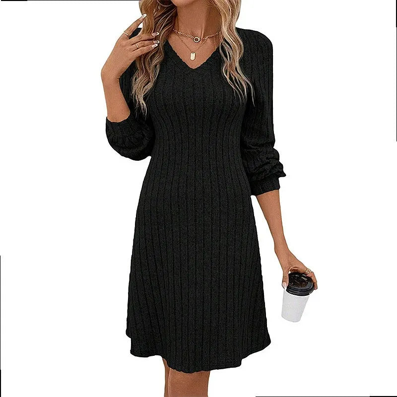 V Neck Long Sleeve Dress, Knitted Dresses for Women, Spring Summer Casual Blouse Top, Pullover Tee Tunic Tops