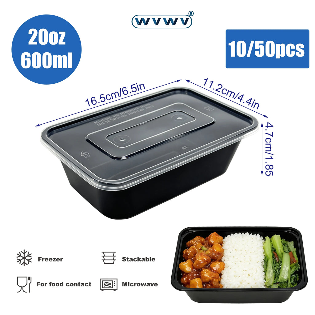 10/50Pcs 20Oz/600Ml Black Lunch Boxes, Food Storage Containers with Lids, Meal Prep Containers, Stackable, Microwaveable, Reusable Food Storage and Lunch Containers, Suitable for Refrigerator Organization, Storing Leftovers,