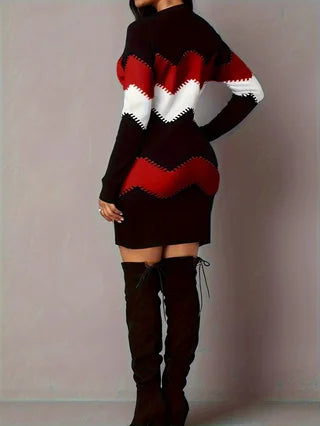 Round neck long sleeved hip hugging short skirt elastic slim fit women's autumn and winter dress