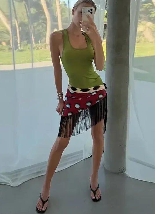 Bohemian Contrast Polka Dot Wrap Skirt Women Vintage Tie Waist Lace Up Chiffon Midi Skirts Coffee Dating Night Out Wear 2026 New