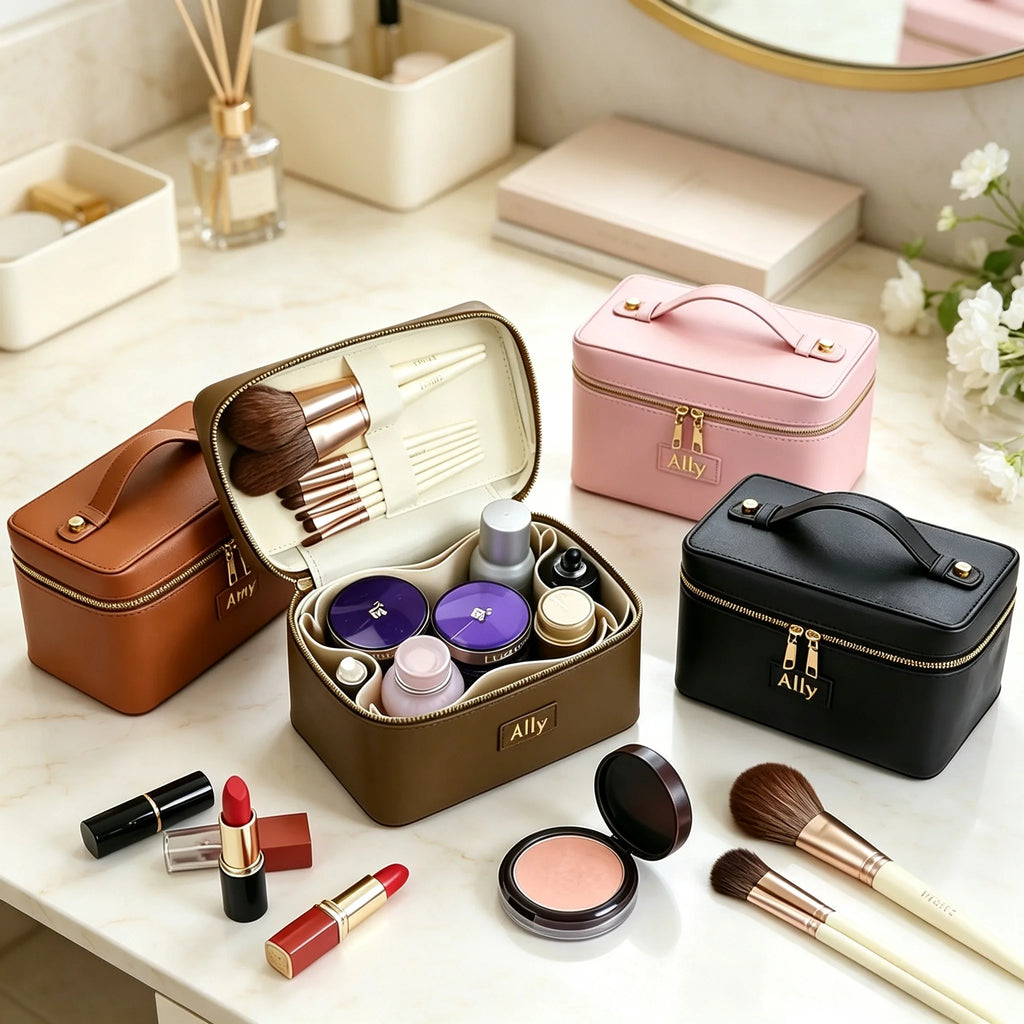 Customized Name PU Leather Cosmetic Bag with Zoned Storage and Large Capacity Travel Toiletry Bag for Autumn Winter New Arrivals