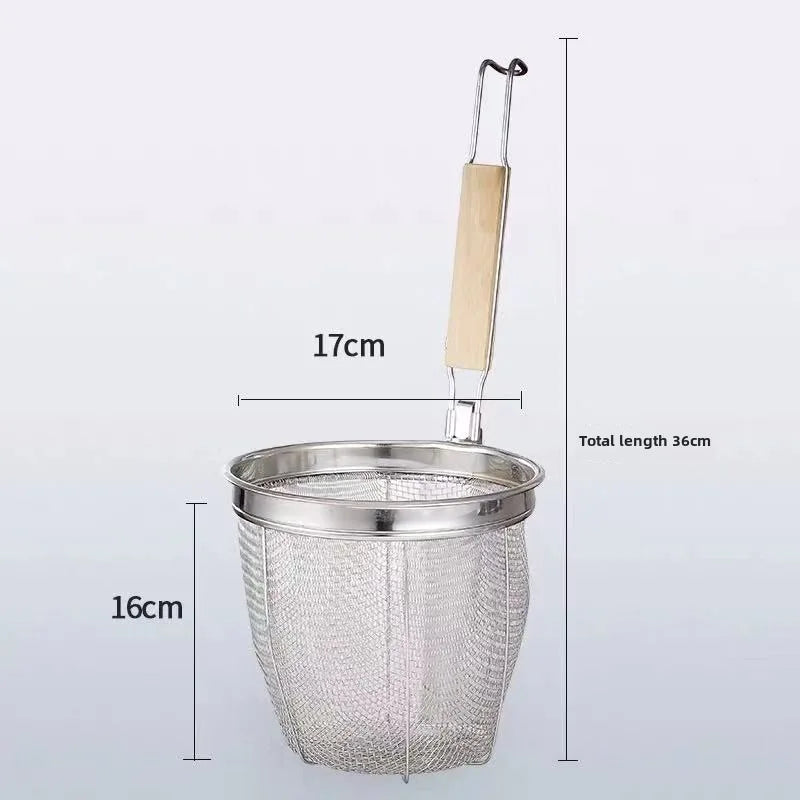 Durable Stainless Steel Noodle Funnel Wooden Handle Pasta Basket Strainer Multifunctional Fine Mesh Sieve Spoon Kitchen Gadgets