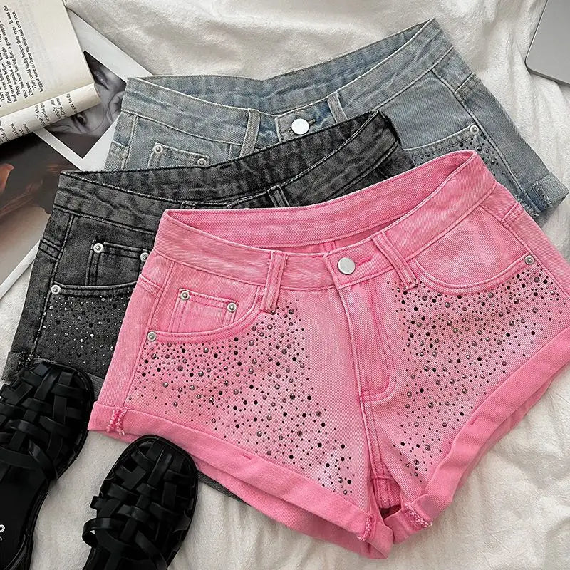 Retro Fashion Rhinestone Denim Shorts Women Pink Summer New A-Line Wide Leg Jeans Ultra Short For Hot Girls Bottoms