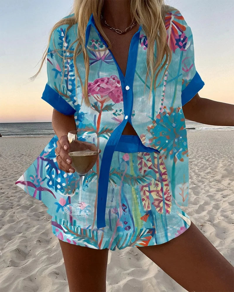 Summer Hot Style Print Beach Holiday 2-Piece Set Women Short Sleeve Shirt Top Wide Legs Short Women's Oversized Two-Piece Sets