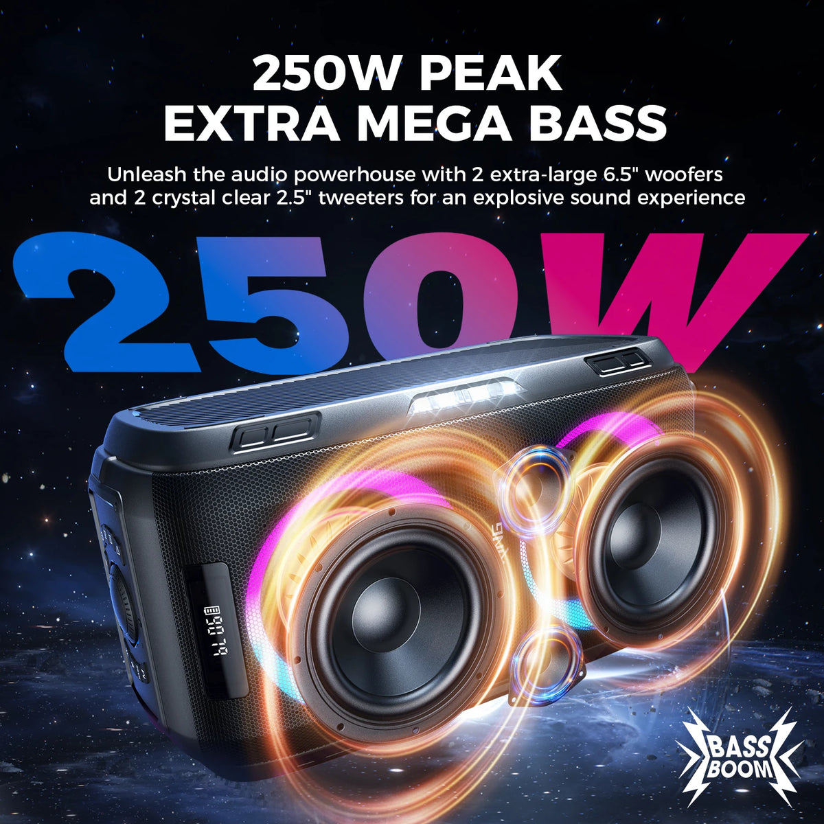 W-KING T9 PRO 250W Peak Bluetooth Party Speaker 125dB Loud 2×6.5" Subwoofer Bluetooth 5.3 TWS Portable Bass Speaker